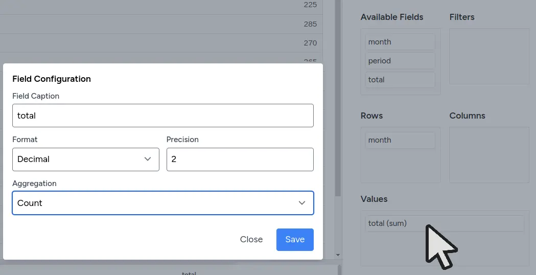 Aggregation and Formatting Modal