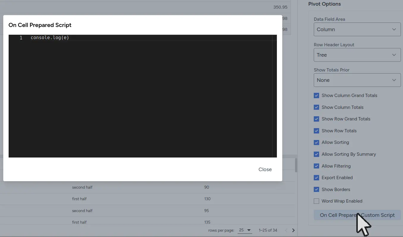 Custom Script Modal for Pivot OnCellPrepared