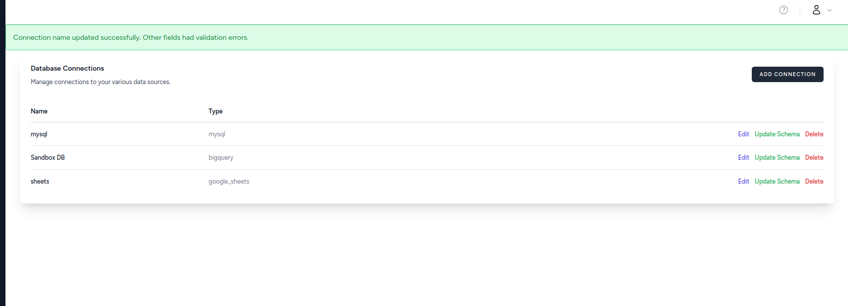 Database Connections Page