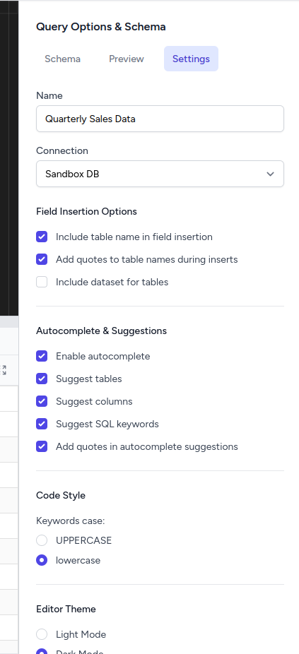 Query Settings Panel